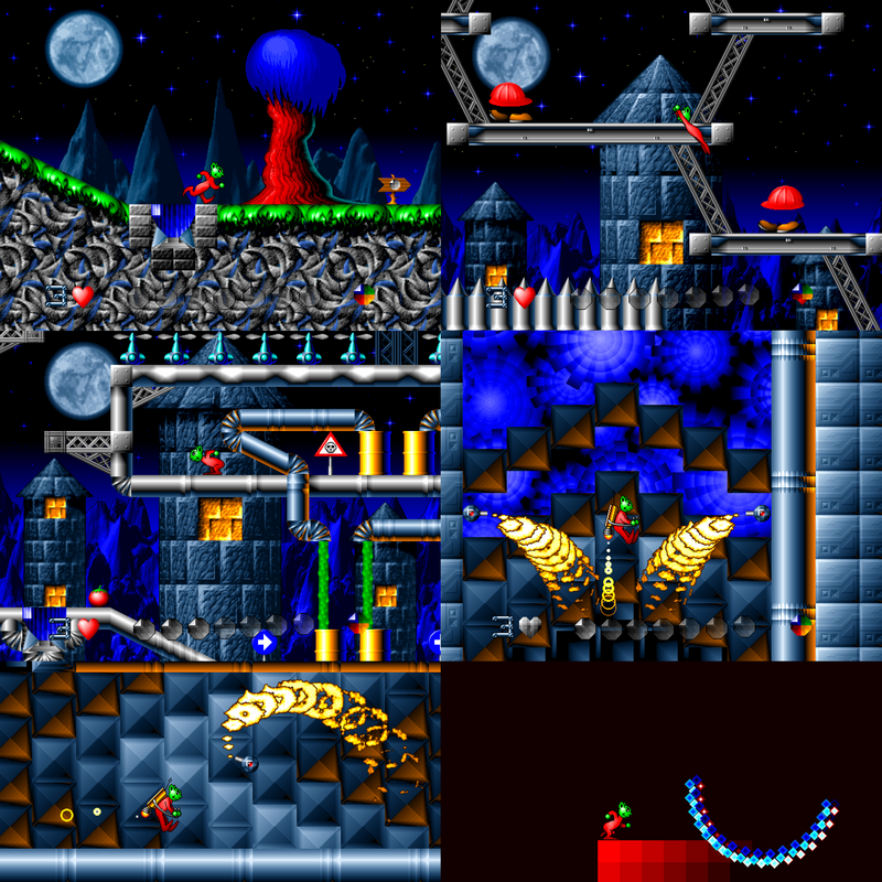 Pixel graphics for the 1990s Moon Child platform game, made in Deluxe Paint on an Amiga computer.