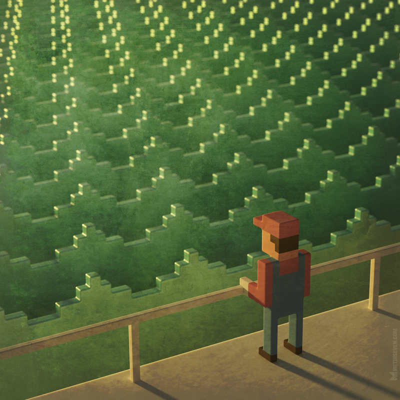 3D pixel art (voxel art) featuring Mario staring at a pixel sea